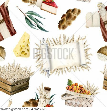 Watercolor Happy Shavuot Seamless Pattern With Holiday Symbols On White Background For Festive Wrapp