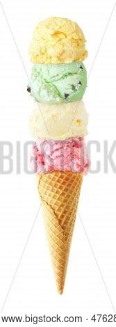Ice Cream Cone With Four Scoops Isolated On A White Background. Strawberry, Vanilla, Mint And Lemon 