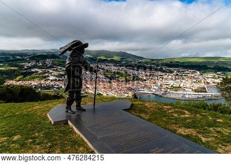 Angra Do Heroismo, Portugal - July 1, 2022: Statue Of Afonso Vi In Monte Do Brasil And Panoramic Vie