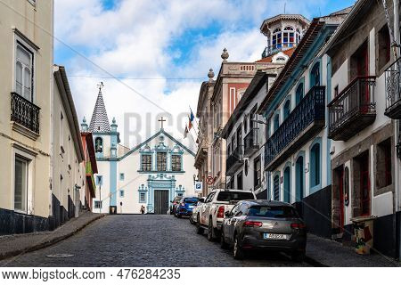 Angra Do Heroismo, Portugal - July 1, 2022: Steep Cobblestone Street In The Historic Center Of Angra