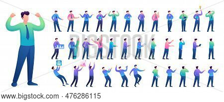 Set Of Young Man. Presentation In Various In Various Poses And Actions. 2d Flat Character Vector Ill