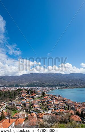 Aerial View Of Ohrid Lake, City Of Ohrid. Ohrid Is A Macedonian Resort And Famous Tourist Destinatio