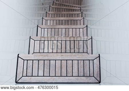 Teak Steps On A Luxury Yacht. Teak Deck Of The Yacht. Entrance To The Second Floor Of The Yacht.