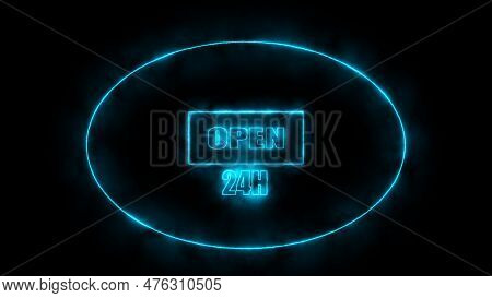 Neon Open Sign. Open 24hrs Neon Letters. Come In We Are Open Neon Sign On Black Background.