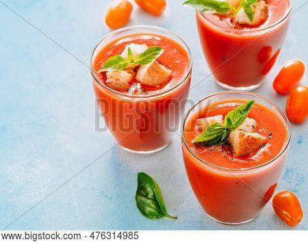 Delicious Gaspacho Soup In Glass. Traditional Spanish Cold Soup Puree Gaspacho Or Gazpacho On Gray C
