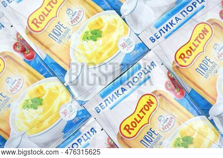 Rollton Instant Mashed Potatoes On A Blue Background. Fast Food, Junk Food.