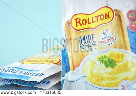 Rollton Instant Mashed Potatoes On A Blue Background. Fast Food, Junk Food.