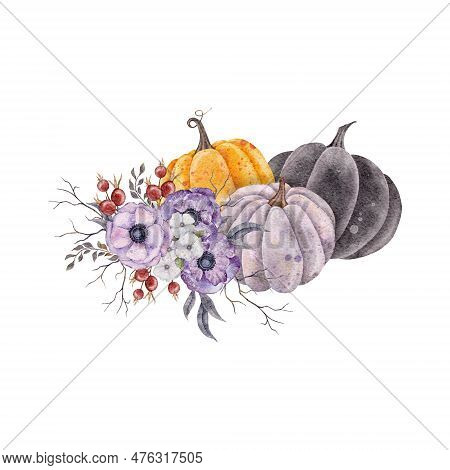 Arrangement With Three Pumpkins And Flowers . Pumpkin Decor With Purpule Anemone , Rosehip Berries, 