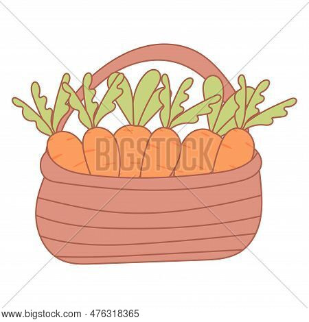 Basket Carrot Dacha House Garden Hare Rabbit Easter Eggs Hunting Holiday. Vector Illustration
