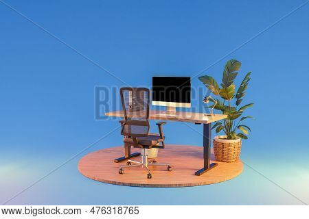 Single Isolated Computer Workspace On Podium With Adjustable Desk And Plant; Freelance And Home Offi