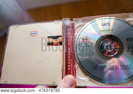 Paris, France - May 11, 2023: An Up-close View Of A Super Audio Cd Disk, Playing The Timeless Classi