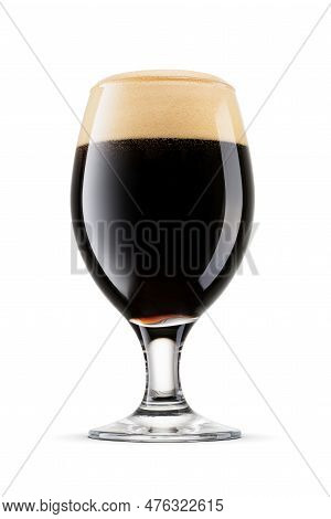 Snifter Glass Of Fresh Delicious Dark Stout Beer With Cap Of Foam Isolated On White Background.