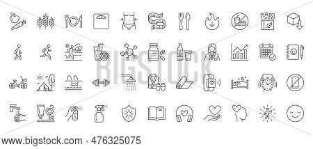Healthy Lifestyle Line Icons Set. Active Life - Organic Food, Nutrition, Running, Jogging, Time Mana