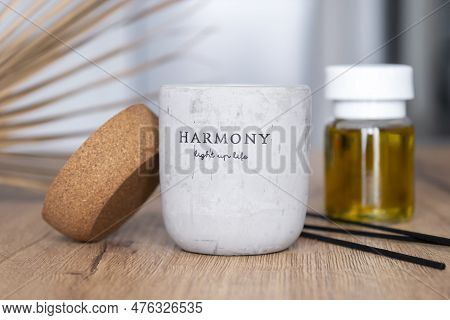 Aroma Candle With Harmony Tex Tas Home Flavours, Decor Elements, Cozy Atmosphere At Home, Free Space