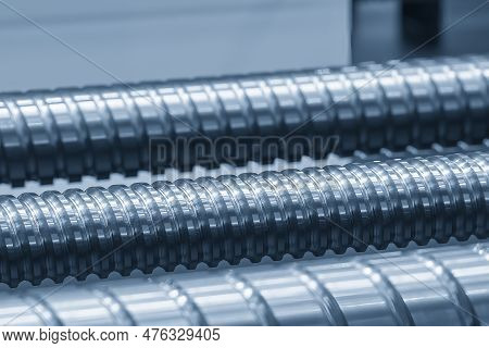 Closeup Scene The Spare Parts  Lead Ball Screw Parts In The Light Blue Scene. The Hi-precision Cnc M