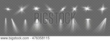 Light Effect Set. Glow Isolated White Transparent Light Effect Set, Lens Flare, Explosion, Glitter, 