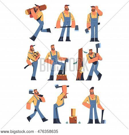 Bearded Man Logger Or Lumberjack Cutting Tree Trunk Vector Set