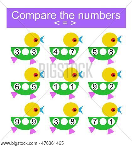 Math Activity For Kids. Compare The Numbers. Number Range Up To 10. Vector Illustration.