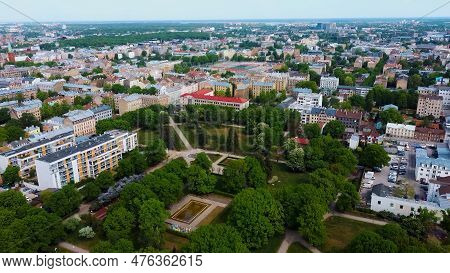 Riga Cityscape Spring Aerial Top View Video, Town, Latvia. Sunny Day Building Rooftops. Riga Skyline
