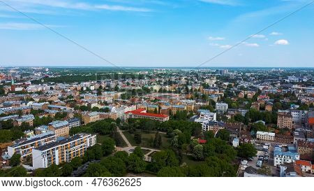 Riga Cityscape Spring Aerial Top View Video, Town, Latvia. Sunny Day Building Rooftops. Riga Skyline