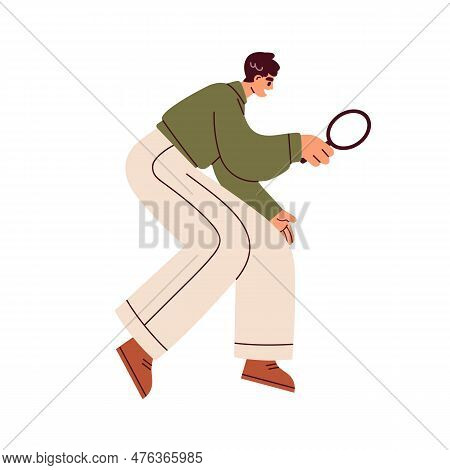 Business Person Searching, Looking Through Magnifying Glass, Magnifier. Man Examining, Checking, Stu