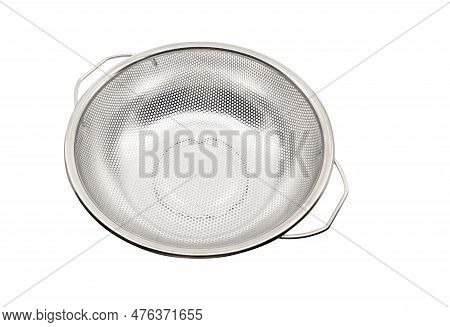 Isolated Stainless Steel Colander On White Background. Empty Stainless Steel Colander, 45-angle View