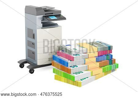 Office Multifunction Printer Mfp With Money, Euro Packs. 3d Rendering Isolated On White Background