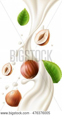 Realistic Nuts In Milk. Hazelnut And Cream Liquid Flow Motion. Vegetarian Beverage. Filbert Taste. F