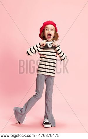 Portrait Of Happy, Excited Little Girl, Cild In Striped Sweater And Red Beret Posing With Vintage Ph