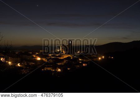 Night View Of The Jewish Quarter Of Hervas With The Church In The Background And Sky At Horizontal B