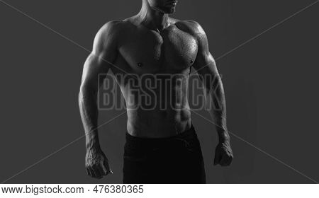 Chest Muscles. Muscular Shirtless Manked Man Model Showing Six Pack Abs. Gay Sexy Model. Fitness Mod