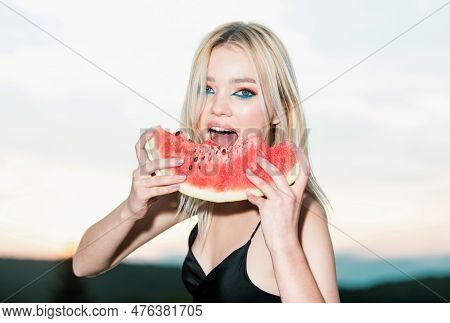 Sexy Girl Eating A Watermelon. Fashion Glamor Portrait Of Beautiful Sexy Stylish Blonde Young Woman 