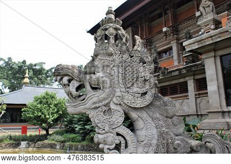 Jakarta, Indonesia-23 April 2023 : Carving Of A Dragon Statue In The Bentar Temple