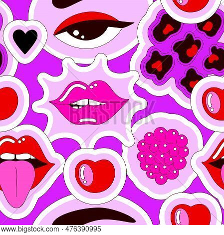 Bright Vector Seamless Pattern Of Eye, Lips, Berries On Purple Background. Glamor Illustration In 20