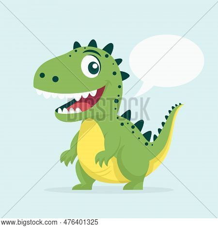 Vector Cute Kind Baby Kid Smiling Dinosaur. Happy Cartoon Green Dinosaur Tyrannosaurus Rex, Tyrex Wi
