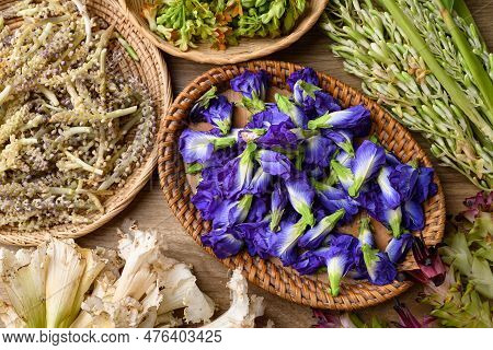 Thai Edible Flowers From Organic Local Farmers Market In Northern Of Thailand, Sustainability Concep