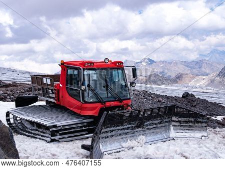 Snowplow, All-terrain Vehicle, Ski Resort, Red All-terrain Vehicle Removes Snow, Clears The Road Fro