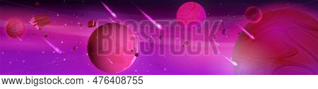 Space Background With Alien Planets Floating In Sky, Comets With Neon Light Tails, Rocky Meteorites,