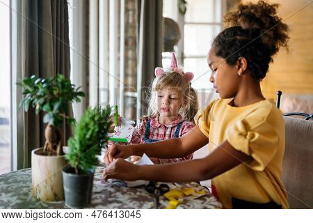 Multicultural Group Of Kids With Creative Handicraft.children Diversity Happiness Education Concept.