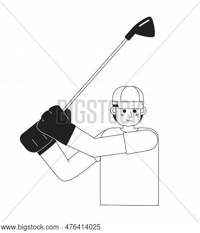 Young Adult Man Golfer Swinging With Stick Monochromatic Flat Vector Character