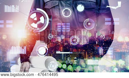 Future Building Construction And Inventive Engineering Project Concept With Hud Hologram Graphic Des
