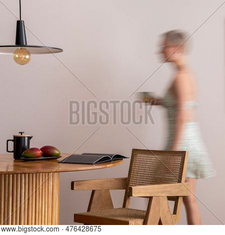 Interior Design Of Aesthetic And Elegant Room With Woman In Dress, Mock Up Poster Frame, Round Table