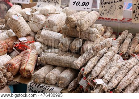 Cremona, Italy - September 7, 2022: Traditional Meat Products Sold At A Street Stall During The Farm