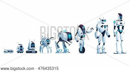 Robots Evolution In Artificial Intelligence Technology, Vector Characters. Robots Evolution, Digital