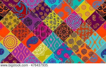 Textille Patchwork Pattern. Seamless Vector Image. Bright Tribal Patchwork.