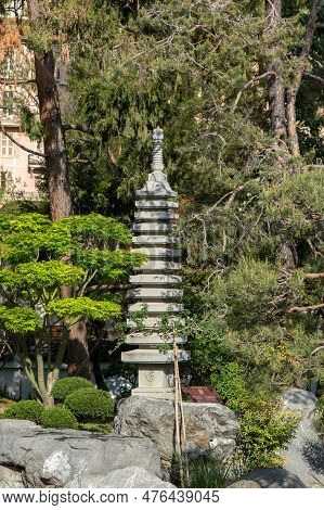 Monaco, Monaco, April 21st 2023:- A View Of The Japanese Garden In Monaco, Located In The Larvotto W