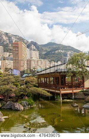 Monaco, Monaco, April 21st 2023:- A View Of The Japanese Garden In Monaco, Located In The Larvotto W