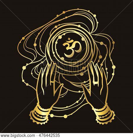 Yoga Om Namaste. Hands Of Woman Element. Vector Illustration On Ethnic Style.