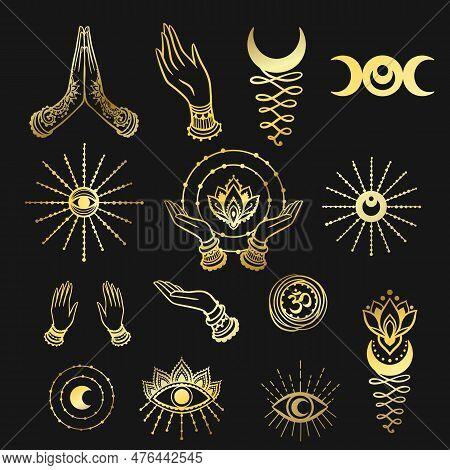 Set Gold Of Fine Esoteric Yoga Hands Of Woman Element. Vector Illustration On Ethnic Style.