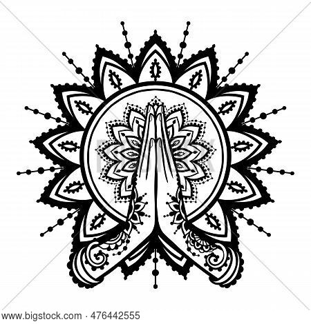 Yoga Om Namaste. Hands Of Woman Elements. Vector Illustration On Ethnic Style. Indian Ornament Manda